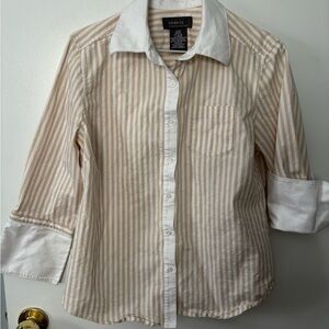 George Designs by Mark Eisen Beige and White Striped Blouse